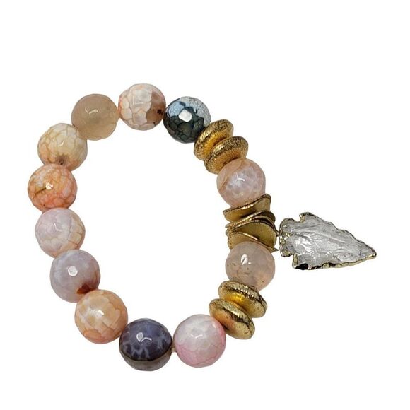 Tourmaline Pastel Beaded Stretch Bracelet Quartz Arrowhead Pendant Healing Gift - Picture 1 of 12